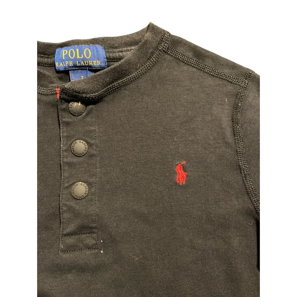 Polo Ralph Lauren Boys Sz 7 Black Henley‎ Shirt Red Trim Long Sleeve Elbow Patch - Picture 4 of 7